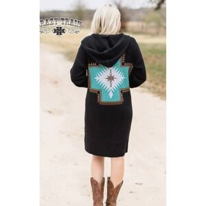 Crazy Train Black Southwestern‎  Print Hooded Cardigan Large
New Western